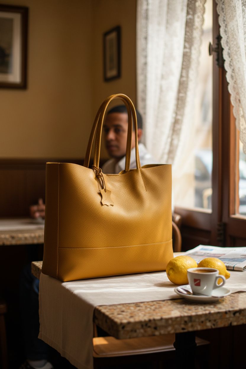 ADORATTI yellow leather tote bag on terrazzo table, paired with espresso and Amalfi lemons