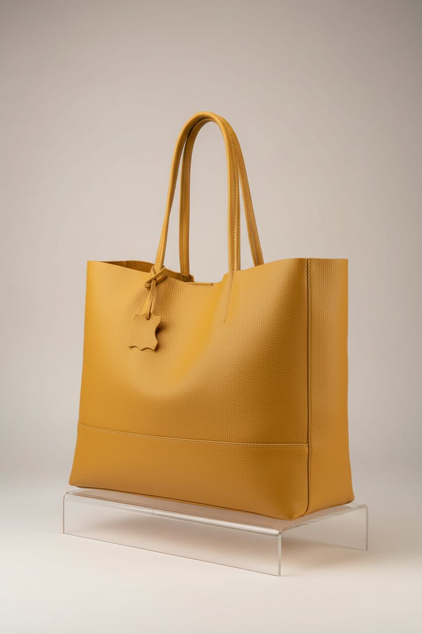 Close-up of ADORATTI yellow Italian leather tote bag highlighting pebbled texture and stitching