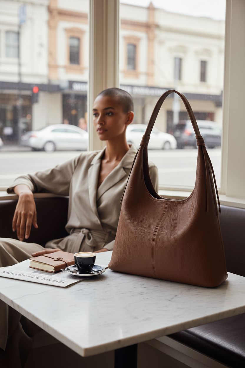 Befen slouchy hobo bag resting on marble table in sunny café, ideal for relaxing outings