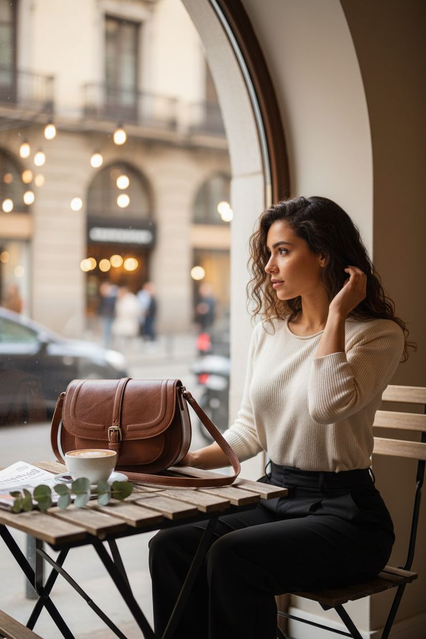 AFKOMST crossbody bag on a café table with cappuccino and eucalyptus
