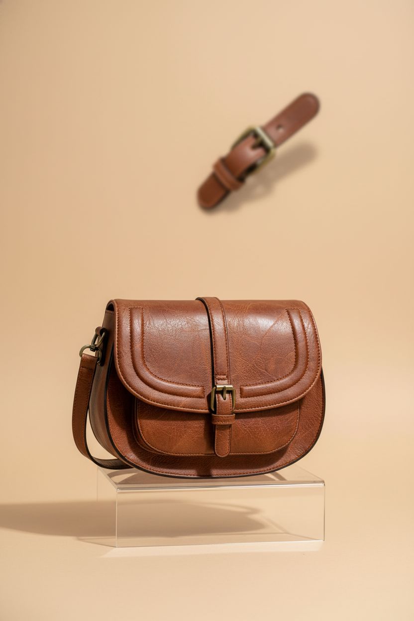 Product shot of AFKOMST vegan leather crossbody bag on beige backdrop