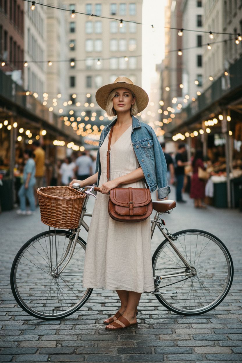 AFKOMST vegan leather crossbody bag in warm brown at a market setting