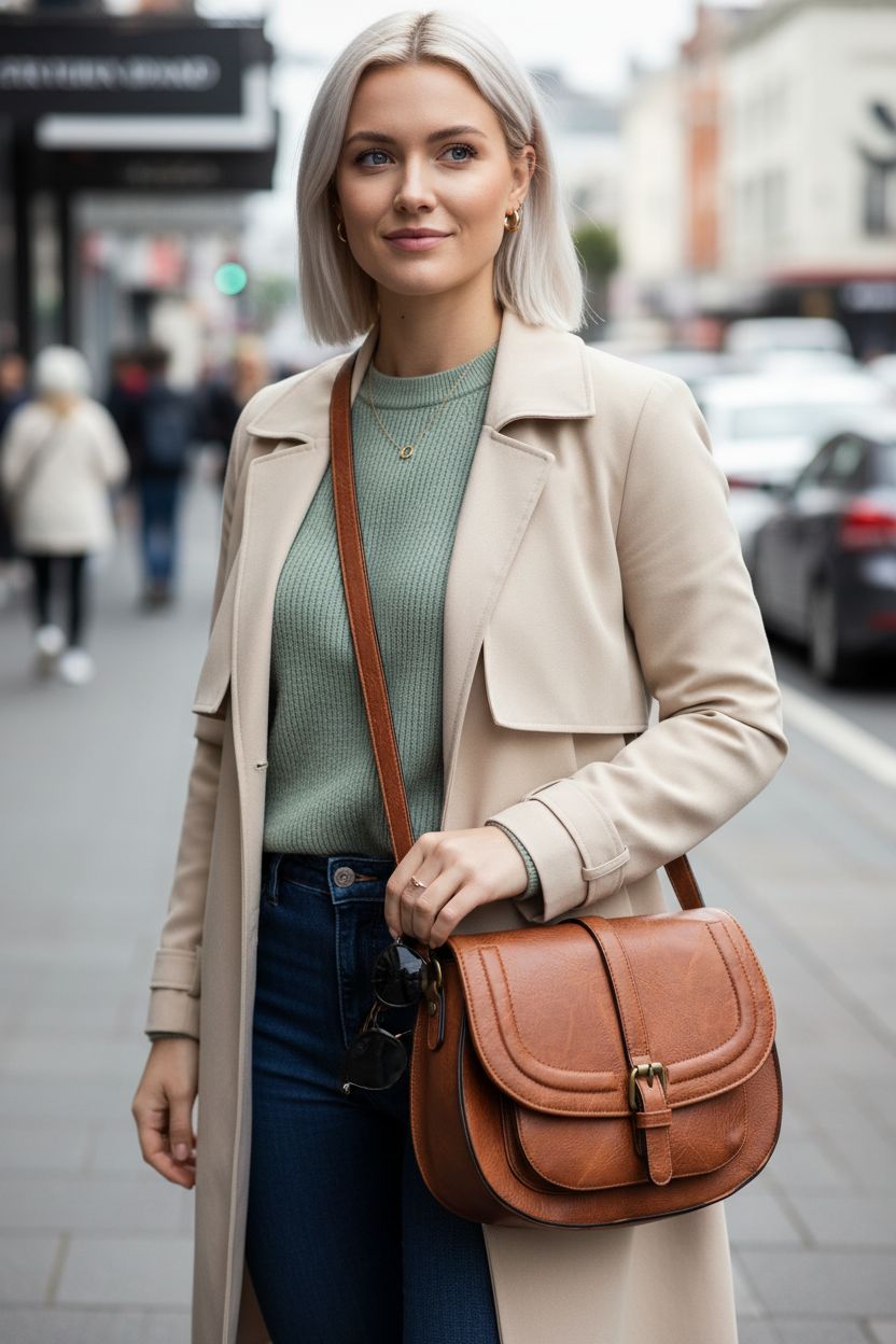 AFKOMST brown leather crossbody bag at a café, perfect for casual outings