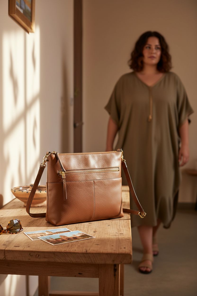 Fossil Women's Fiona Leather Small Crossbody Purse elegantly displayed in a cozy entryway, highlighting its rich brown color.