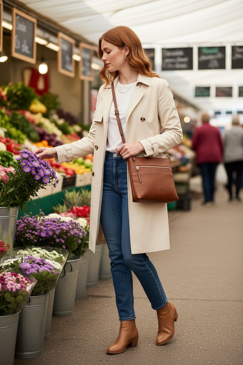 Fossil Women's Fiona Leather Small Crossbody in brown, enhancing a casual outfit at a vibrant farmers market.