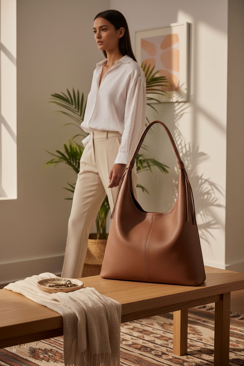 Befen relaxed brown leather hobo purse in cozy entryway, highlighting its textured design and tassel.