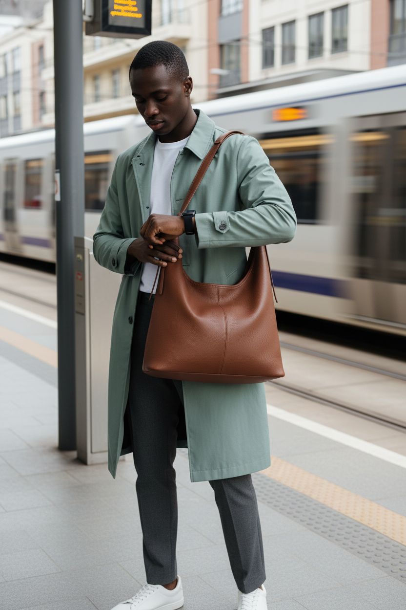 Befen brown leather hobo purse on tram platform, showcasing casual style and roomy interior.