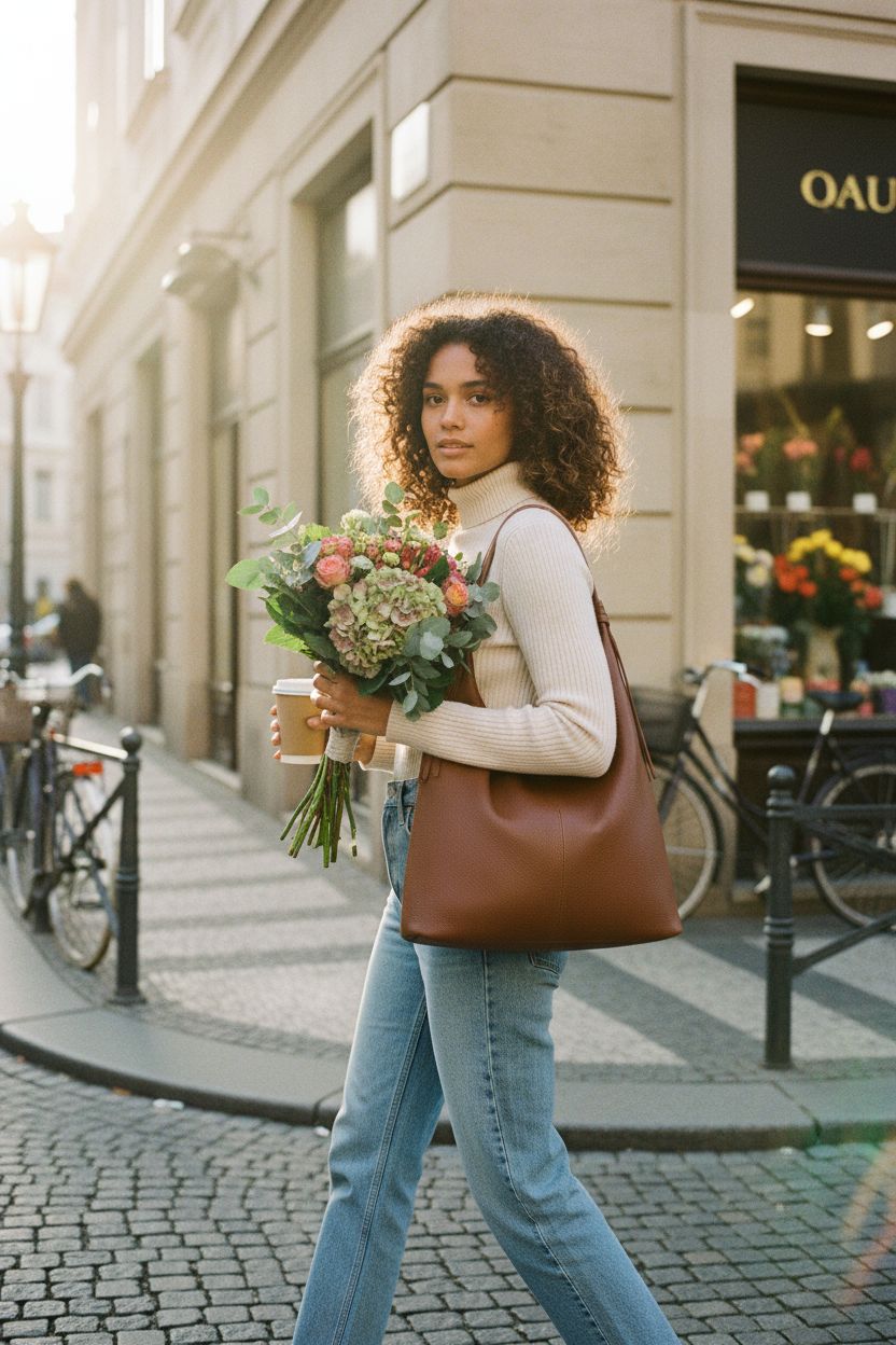 Befen medium-brown leather hobo bag with tassel outside flower market, perfect for weekend outings.