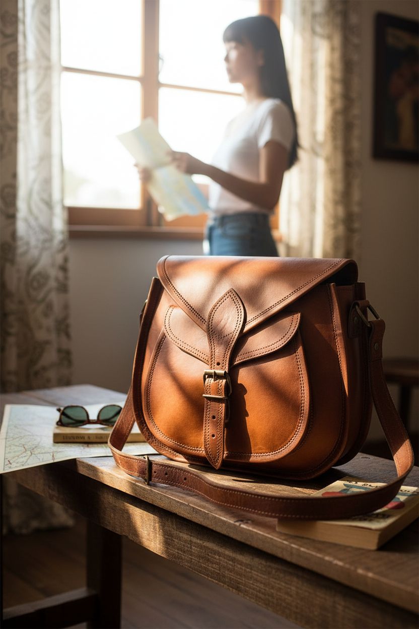 Rustic Town leather satchel in a cozy nook with travel essentials