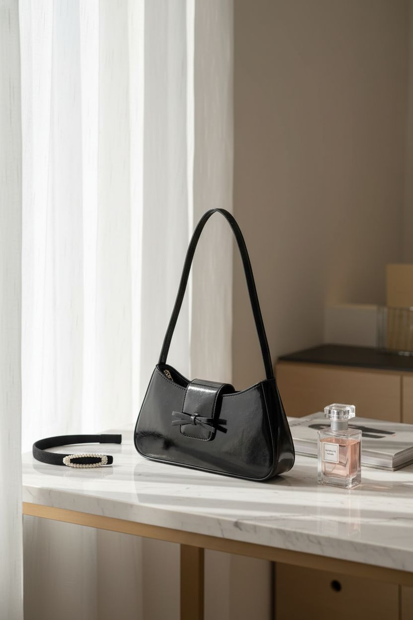 Amszke patent leather Y2K bag on a marble countertop with elegant decor elements