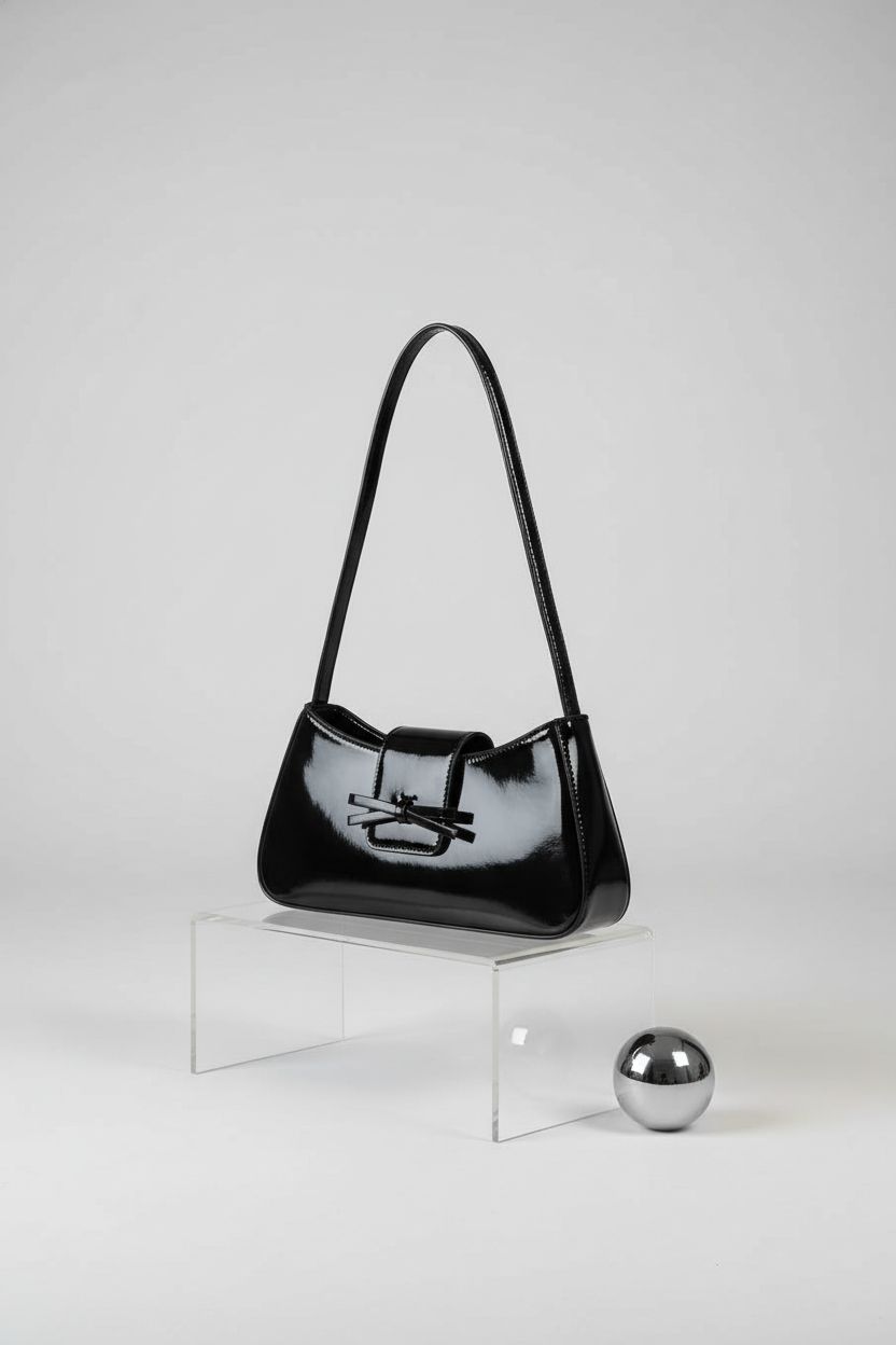 Amszke patent leather little black bag on a clear acrylic riser, showcasing its design