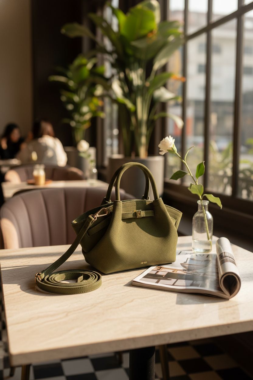JW PEI Women's Hana Mini Faux Suede Tote Bag in Dark Olive resting elegantly on a café table, exuding a serene vibe.