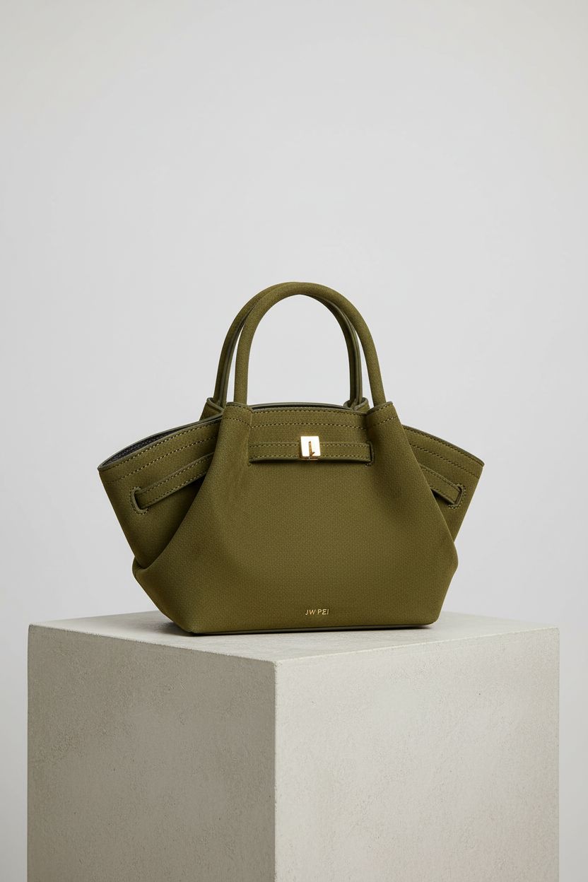 Close-up of JW PEI Women's Hana Mini Faux Suede Tote Bag in Dark Olive, showcasing its rich texture and sleek design.