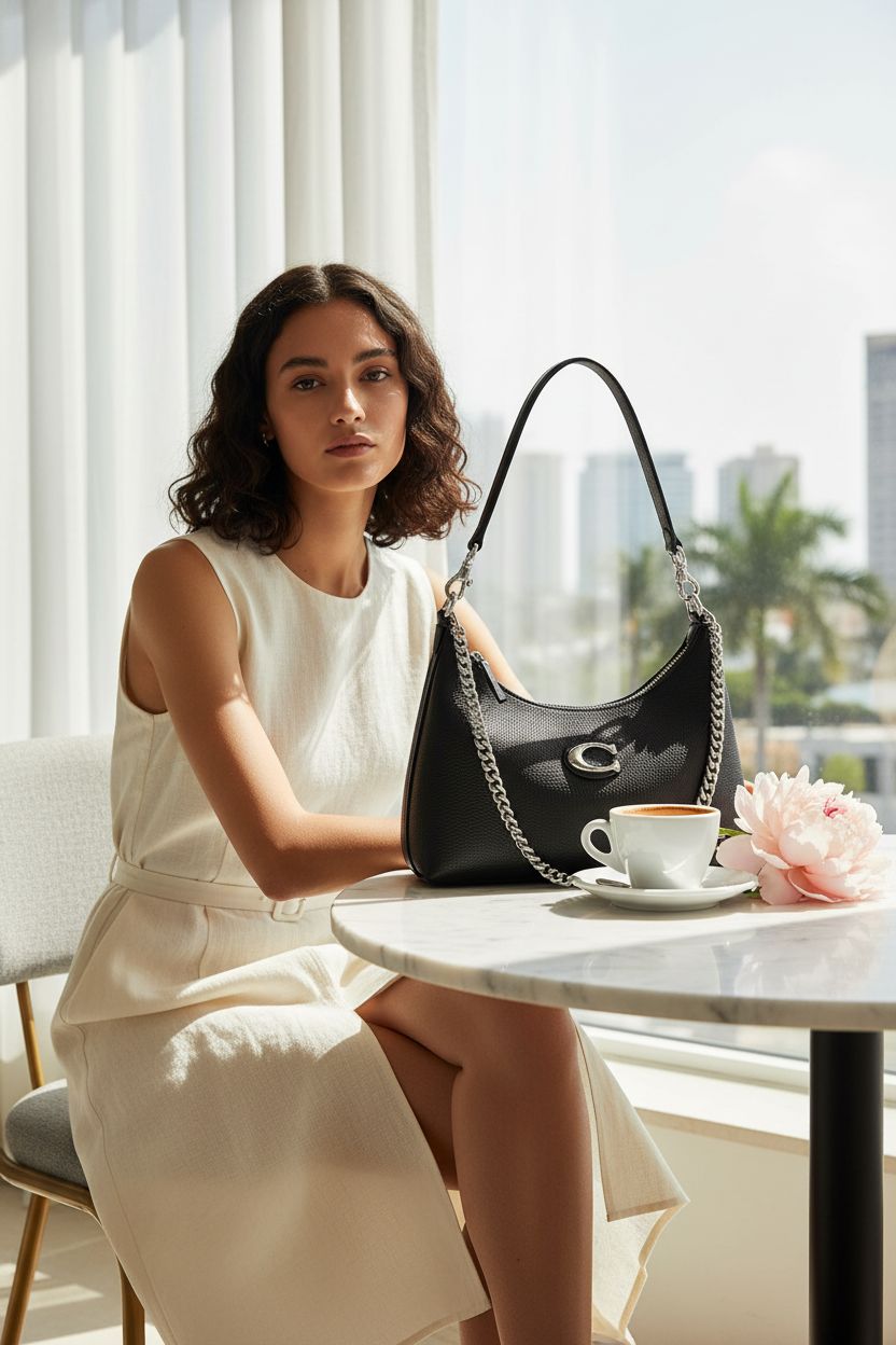COACH Juliet Shoulder Bag 25 beside espresso in sunlit café, showcasing luxury
