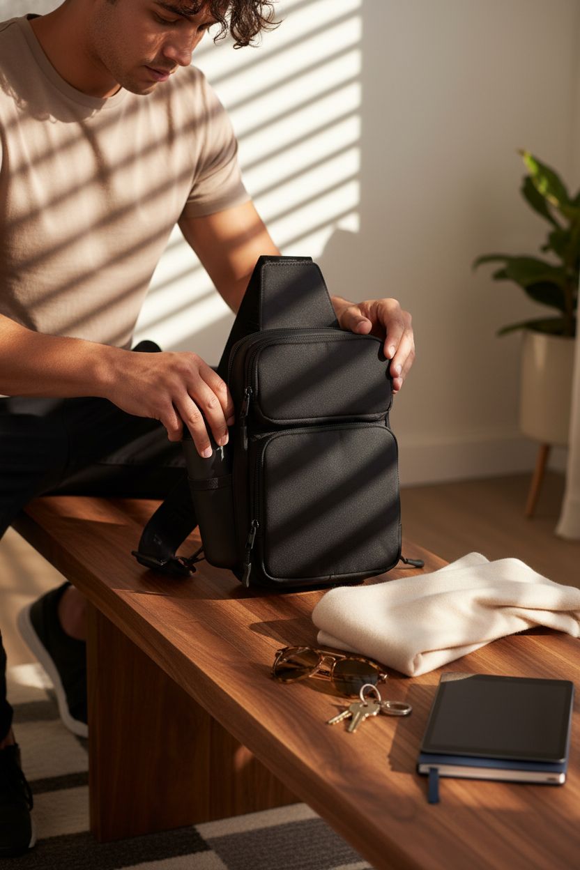 Kenneth Cole REACTION black crossbody bag on walnut bench, highlighting cozy home vibe and functional pockets.