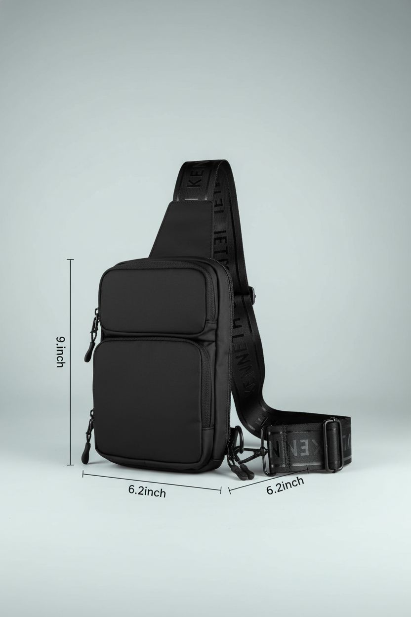 Kenneth Cole REACTION black coated polyester crossbody bag, showcasing its sleek design and pockets.