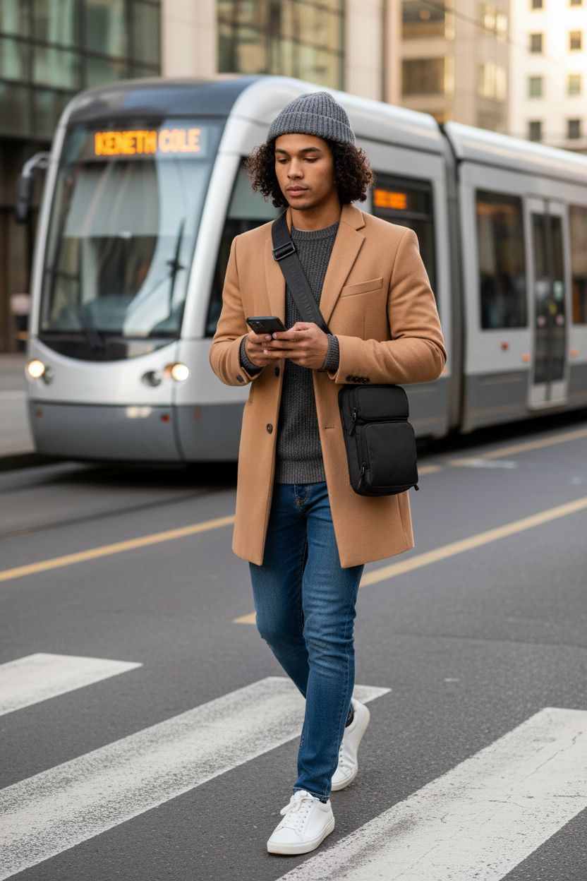 Kenneth Cole REACTION black crossbody tech bag in urban setting, stylish and practical.