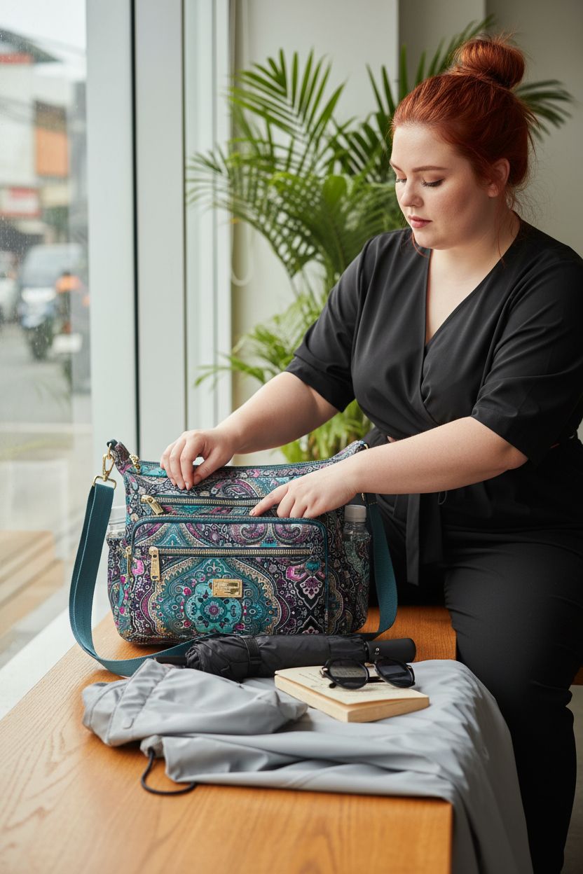 Pealwel medium crossbody purse on an oak bench with practical items nearby