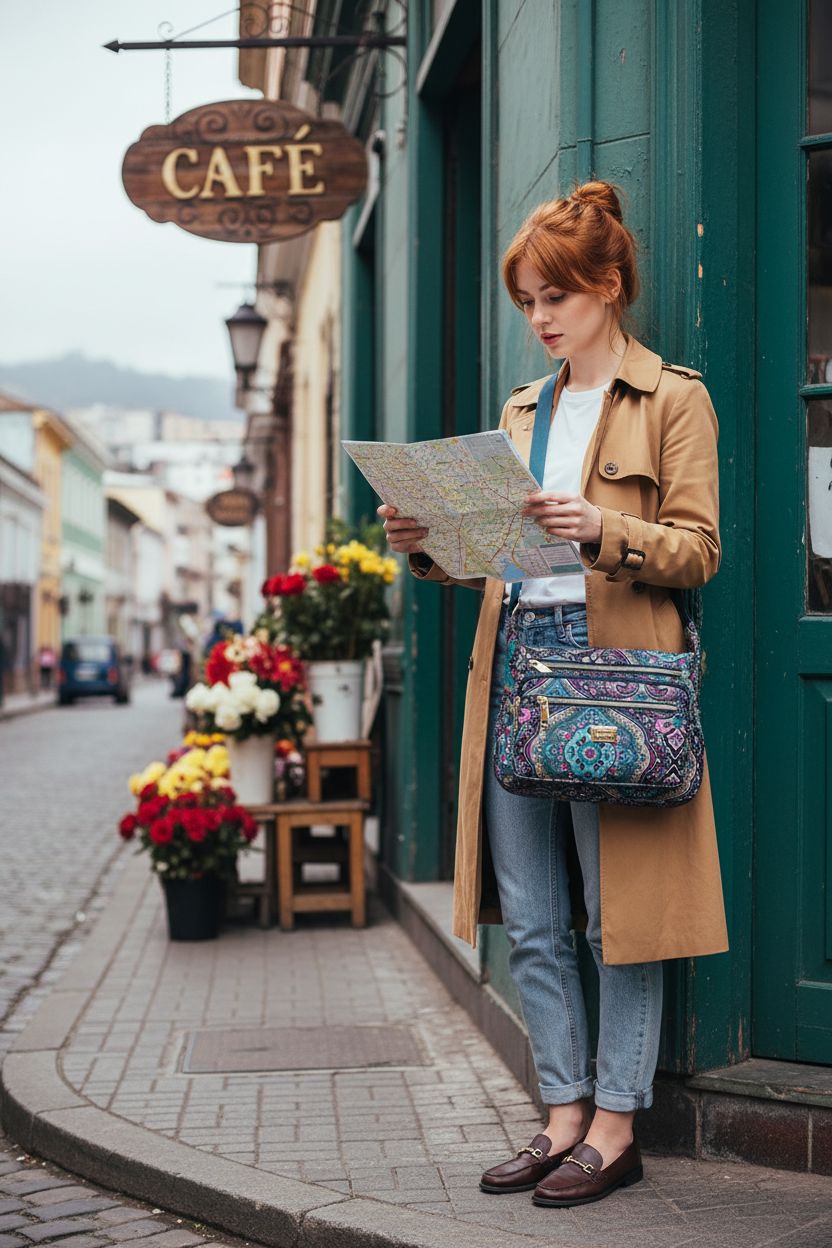 Pealwel medium size black and blue paisley crossbody purse on a historic street