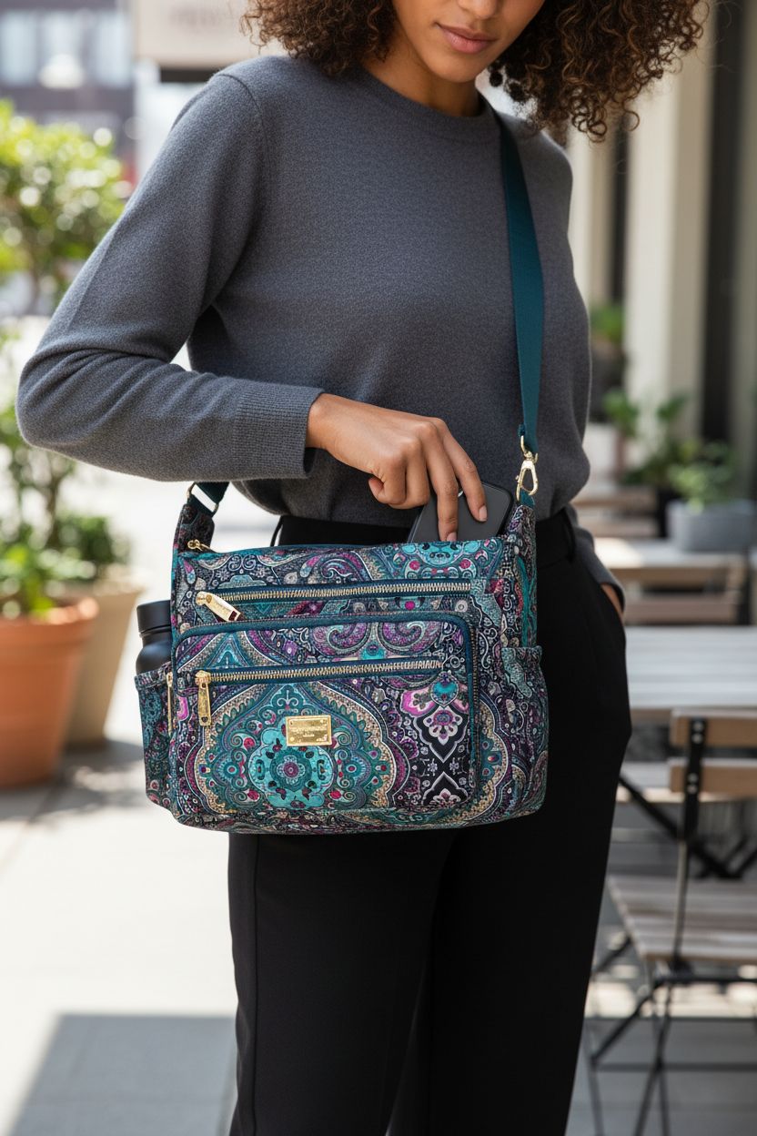 Pealwel medium size black and blue handbag with pockets by a Nashville café