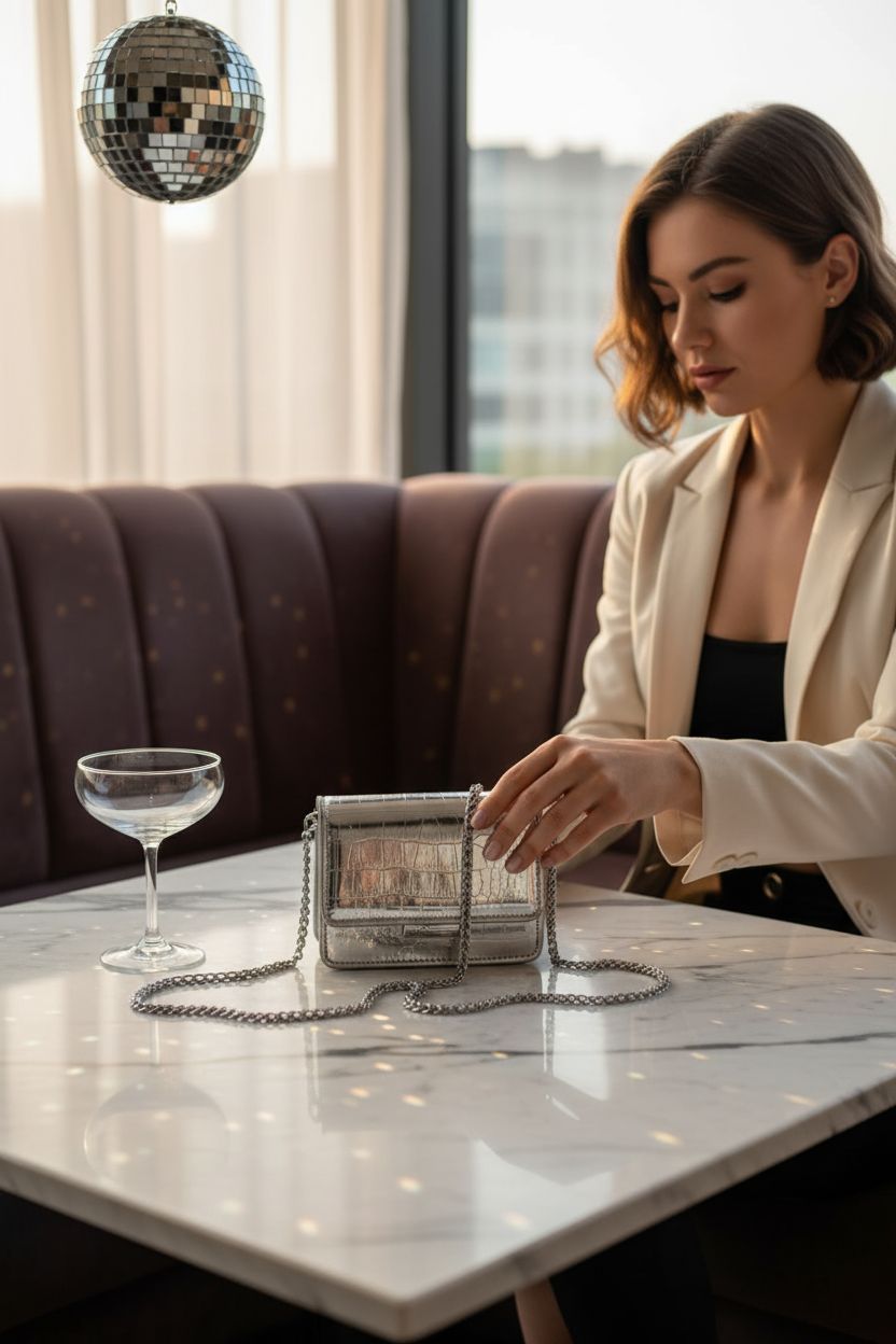 Glamorous silver mini purse by Anytiger placed on a chic marble table, perfect for upscale lounges.