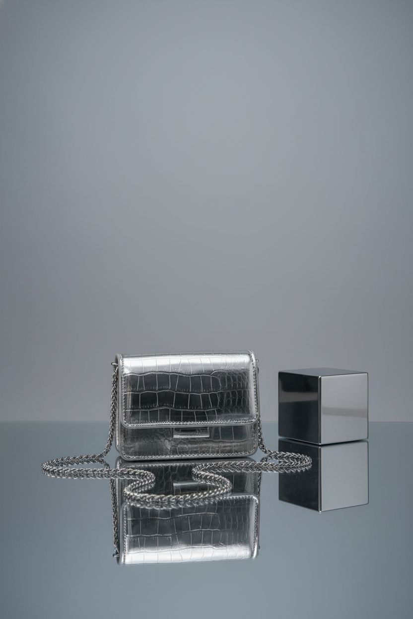 Anytiger silver croc-embossed mini crossbody bag on a mirrored surface, showcasing its stylish design.