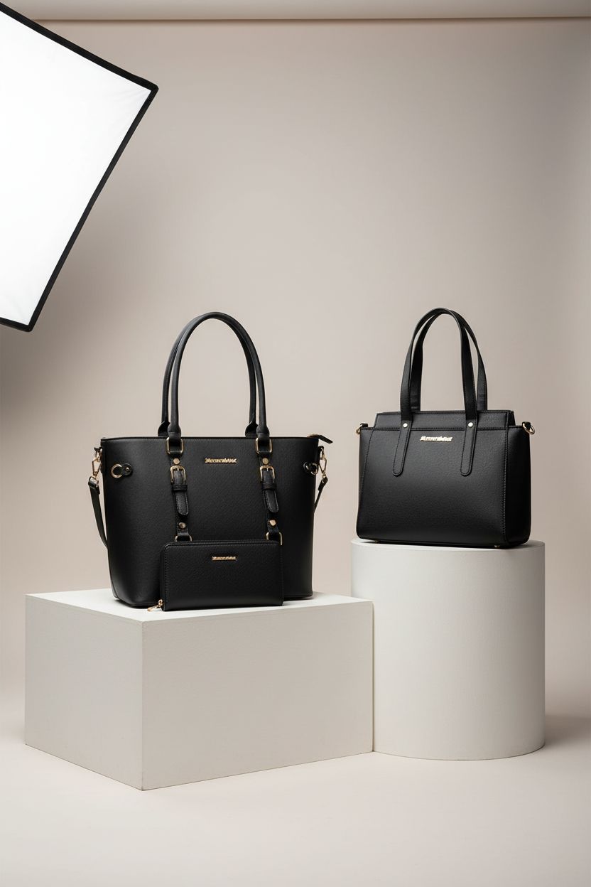 Montana West 3PCS purse set featuring tote, satchel, and wallet on a studio backdrop.