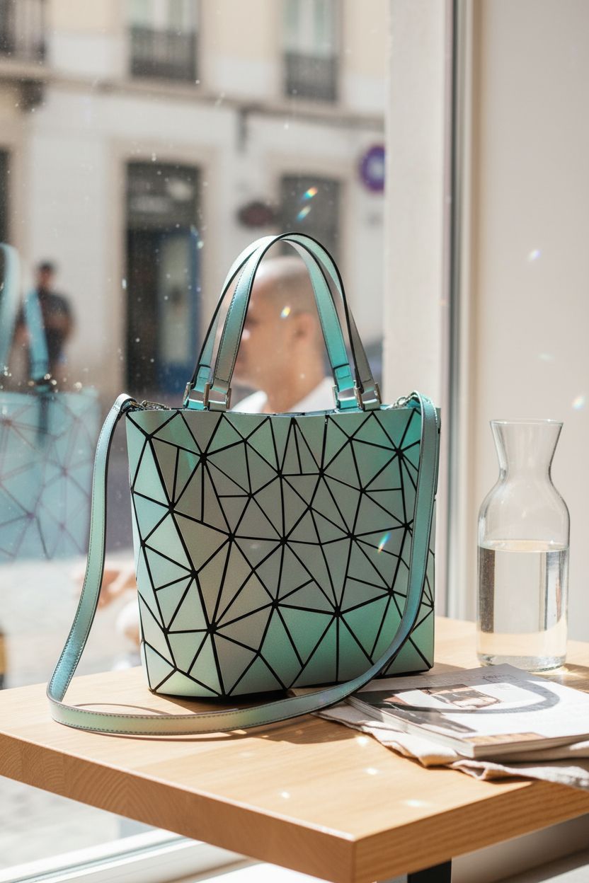 LOVEVOOK purse elegantly placed on a café table beside a design magazine, highlighting its chic appeal.