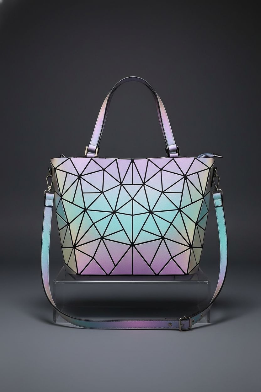 LOVEVOOK geometric luminous purse showcased on an acrylic riser against a slate backdrop, emphasizing its design.