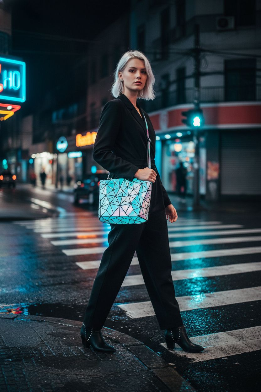 LOVEVOOK holographic crossbody bag shining under neon lights on a rainy night, perfect for night outings.