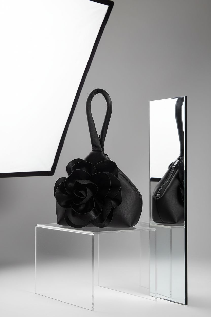 Stylish BABEYOND black satin evening bag showcasing intricate petal layers and fine stitching.