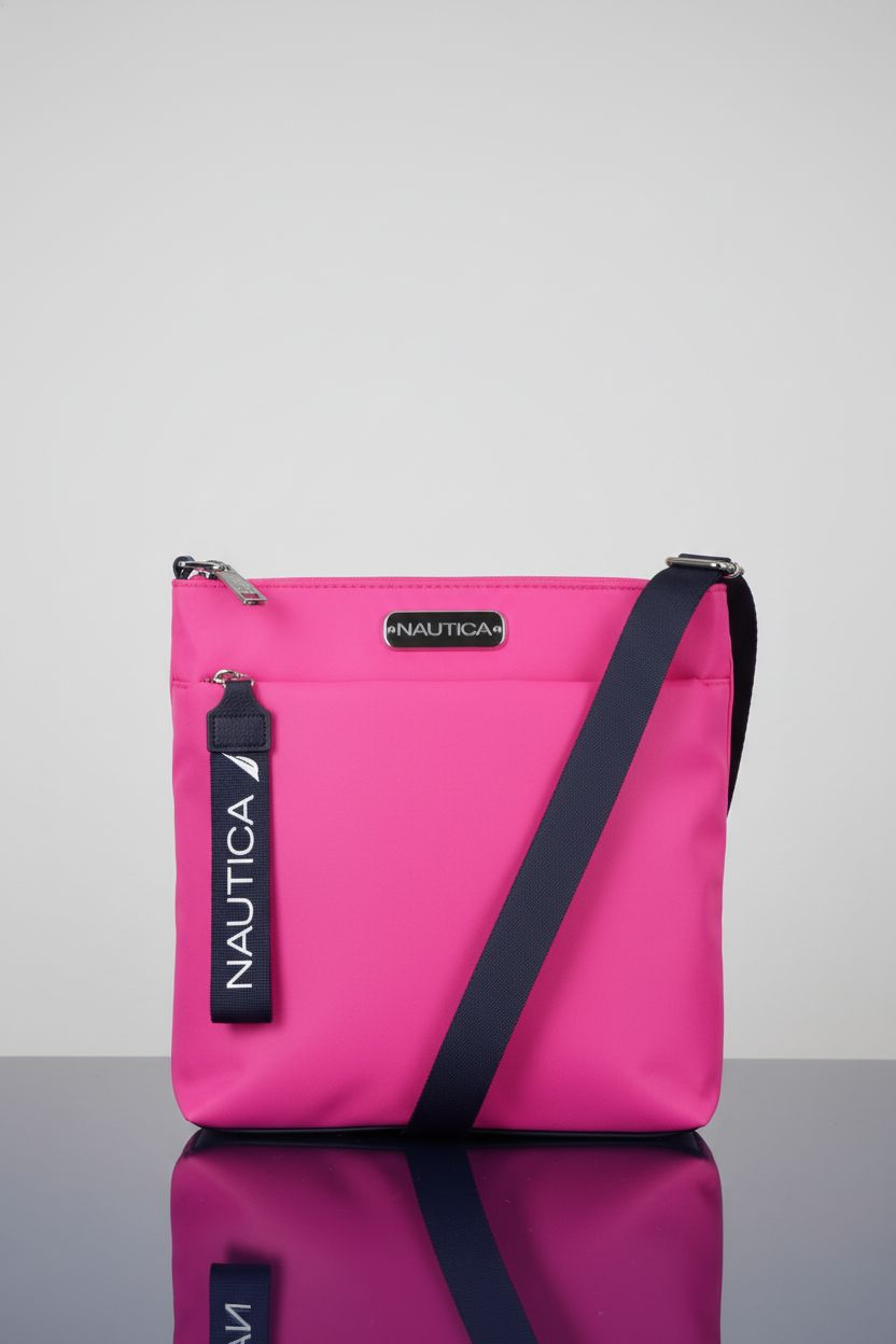 Nautica hot pink crossbody bag displayed against a gray backdrop, highlighting its style.