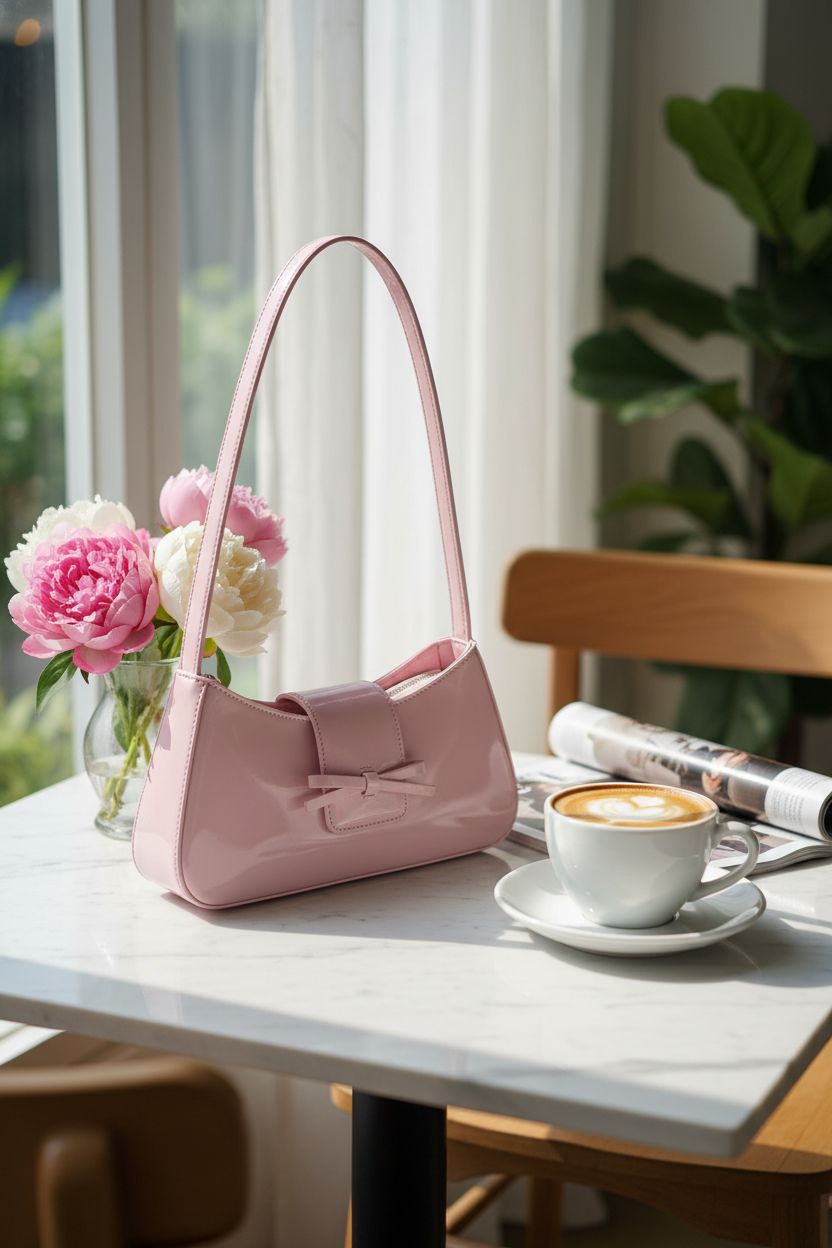 KAMEILONG soft pink bag on marble table, paired with coffee and flowers for a feminine vibe.