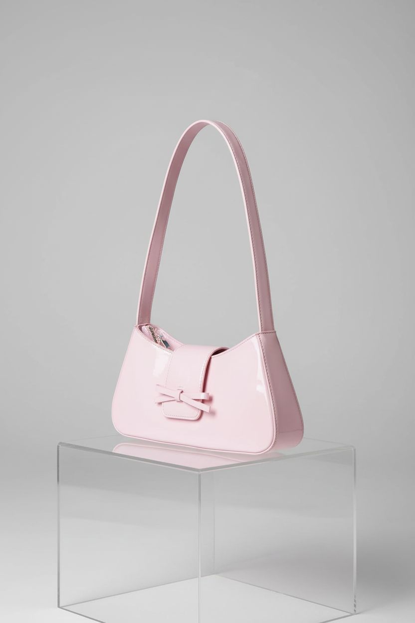 KAMEILONG pink patent leather bag showcased on acrylic cube, highlighting bow and details.