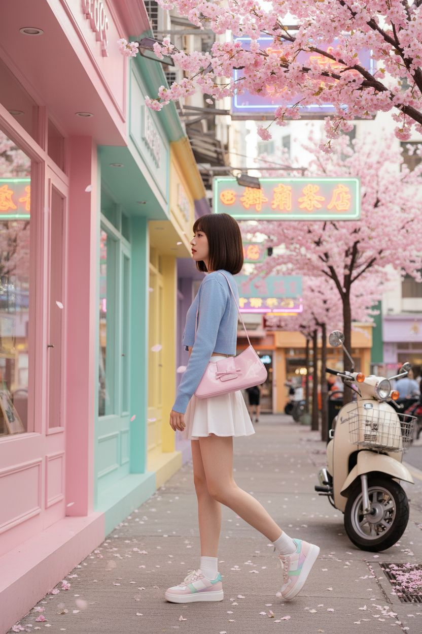 KAMEILONG glossy pink purse under cherry blossoms, embodying playful Y2K style.