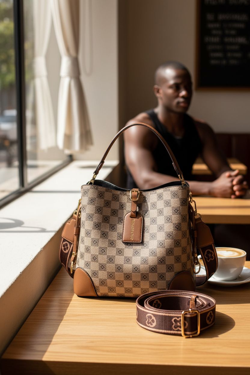 PHEVOS khaki plaid bucket bag resting on a café table, featuring smooth leather trim and stylish design.