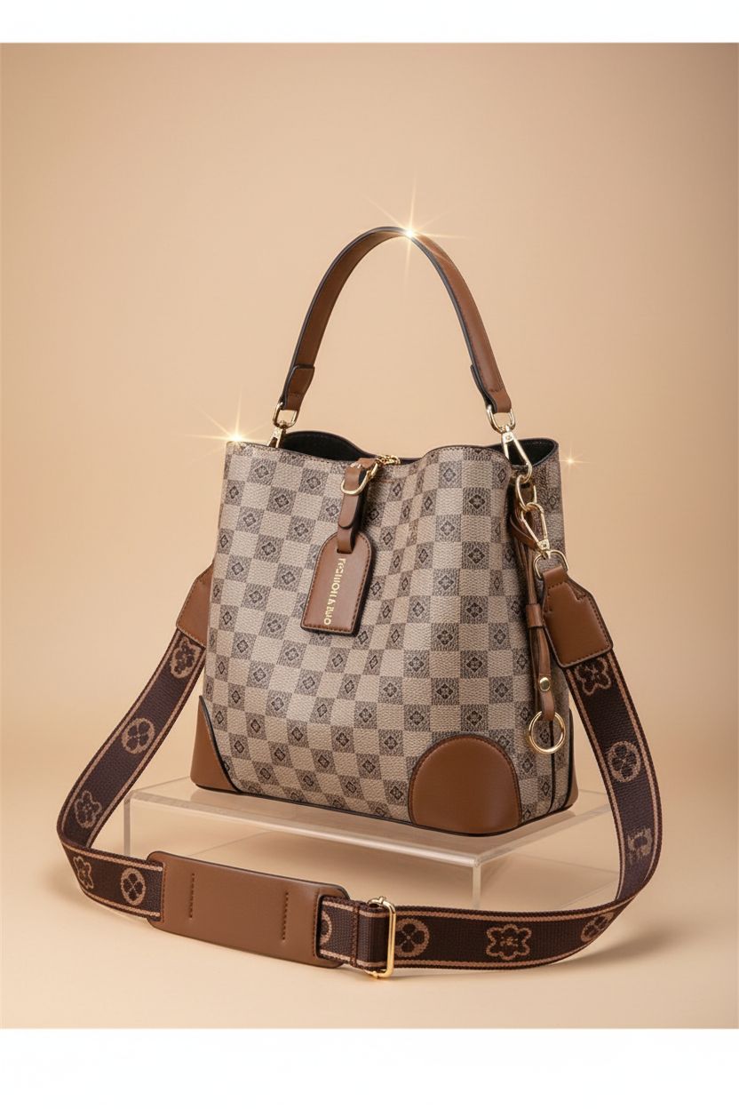 PHEVOS khaki bucket bag displayed in studio, showcasing its stylish design and functional compartments.