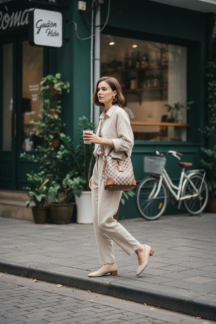 PHEVOS khaki plaid bucket bag worn crossbody on a street coffee run, stylish tote for women.