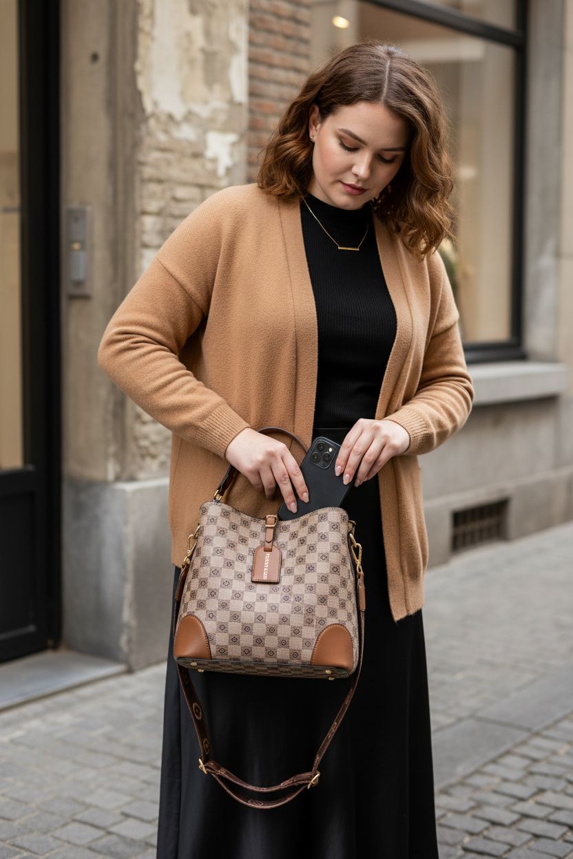 PHEVOS khaki plaid handbag showcased outside a boutique, highlighting its organized compartments.