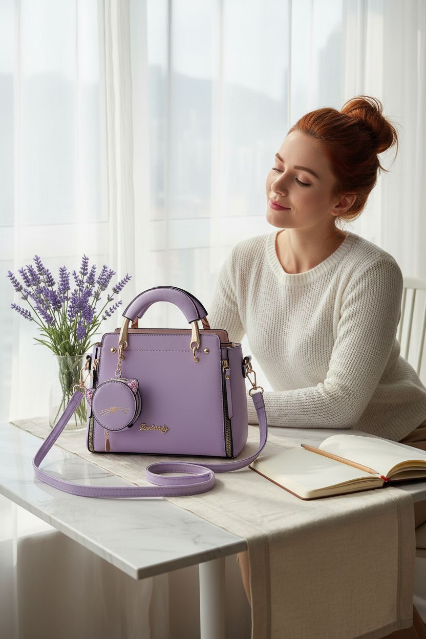 Xiaoyu purple purse beside fresh lavender in a cozy window nook, evoking a calm atmosphere.