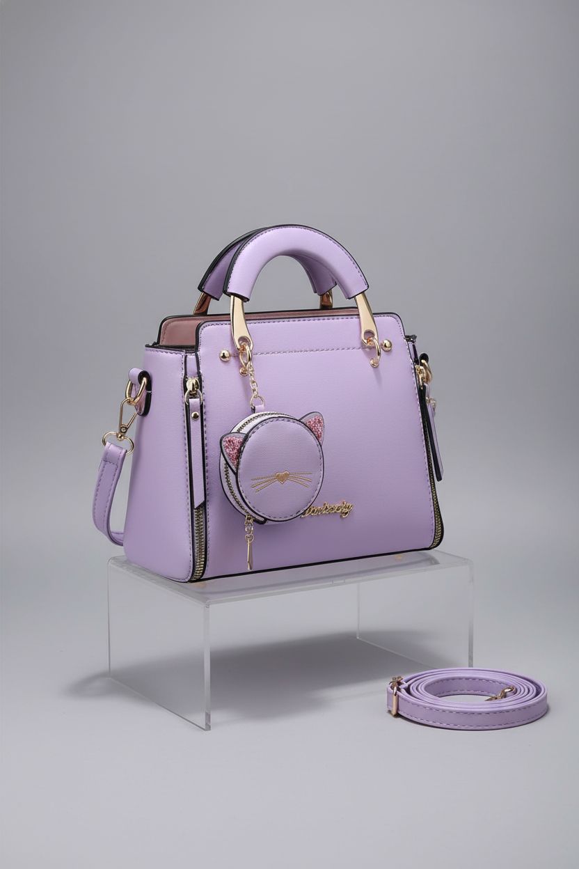 Xiaoyu purple purse showcased on a sleek riser, highlighting its elegant design and structure.