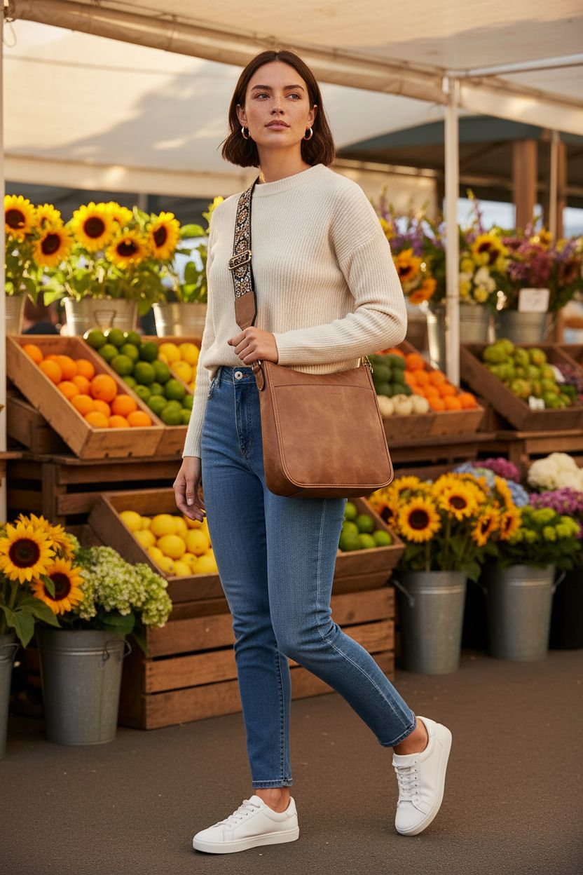 BOSTANTEN brown vegan leather crossbody bag with patterned strap at a sunny market.