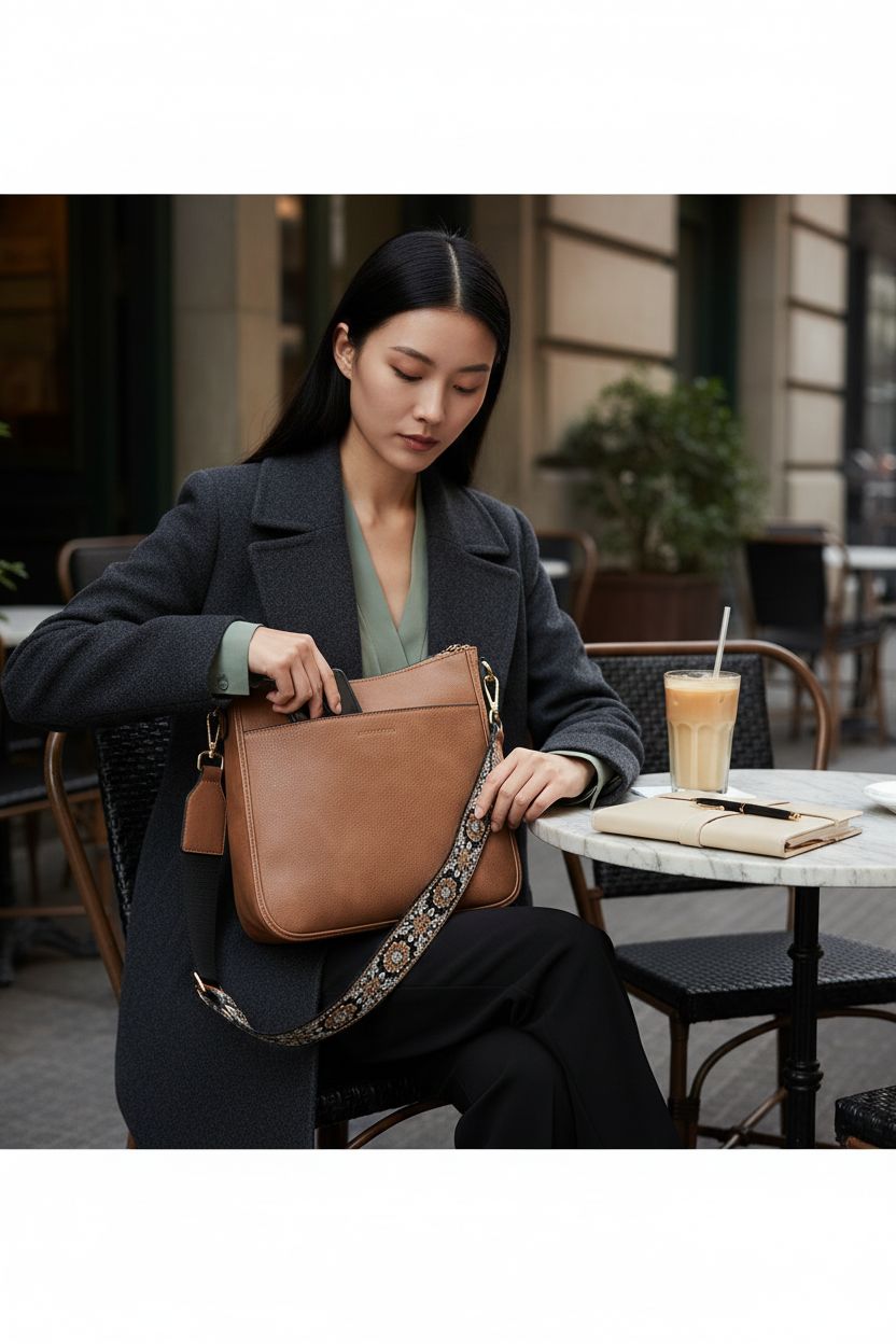 BOSTANTEN brown crossbody bag with gold hardware on a café table with iced latte.
