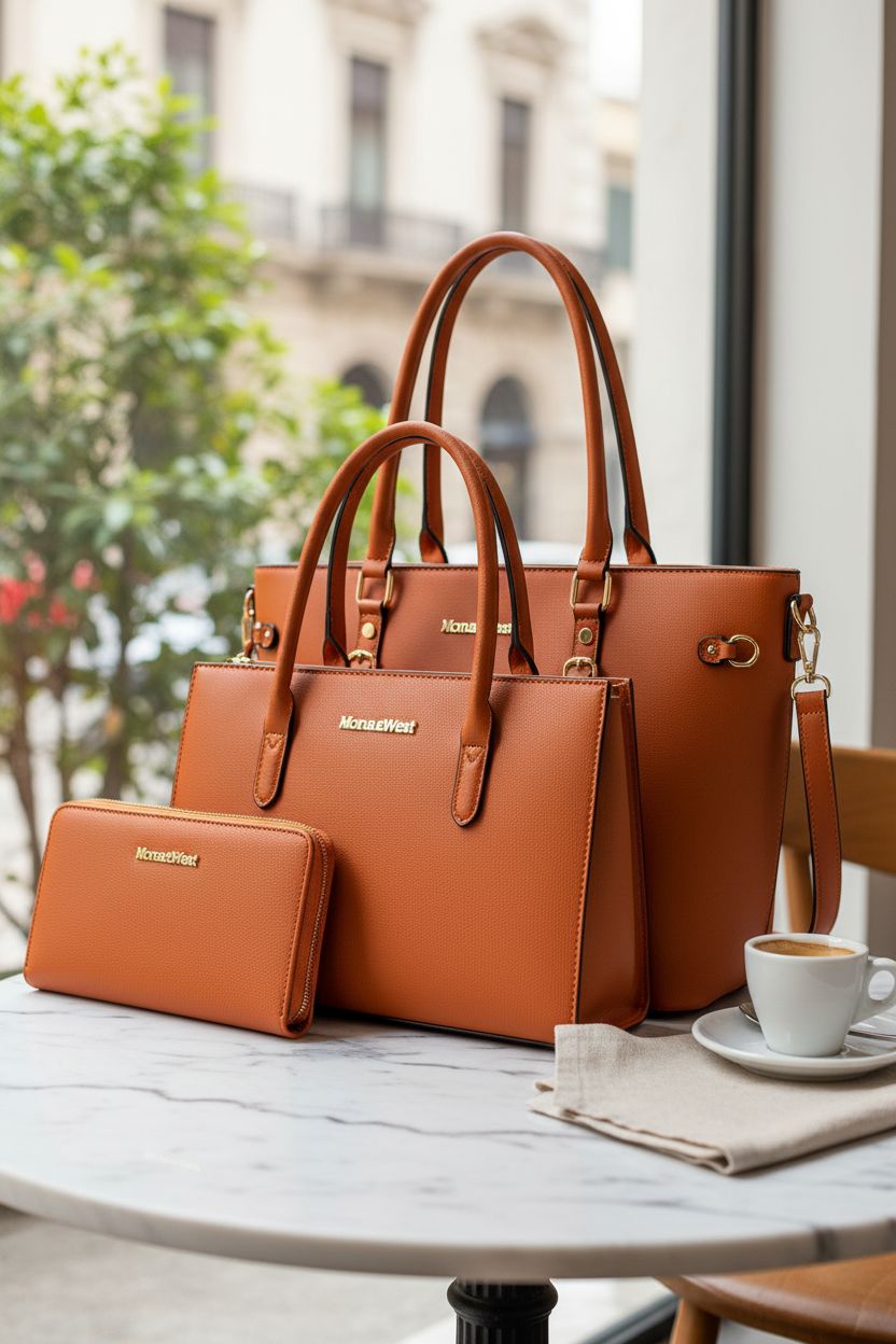 Montana West tote, satchel, and wallet on a marble cafe table, ready for planning.