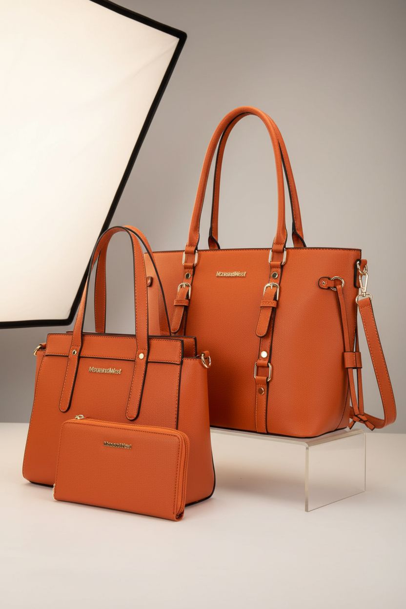 Montana West 3PCS purses displayed on a minimal acrylic riser in a studio setting.