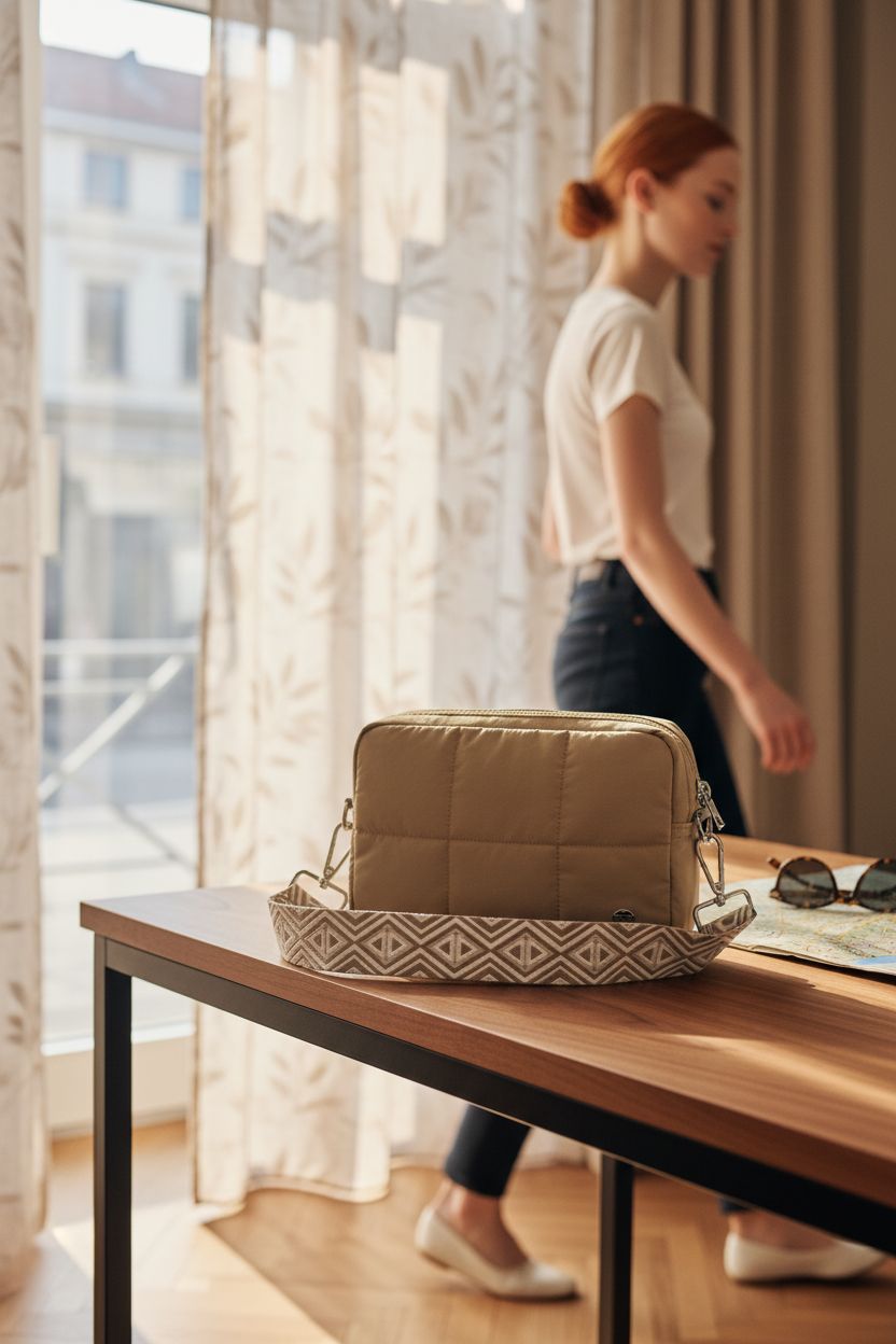Telena quilted crossbody bag resting on a walnut console in a serene hotel room.