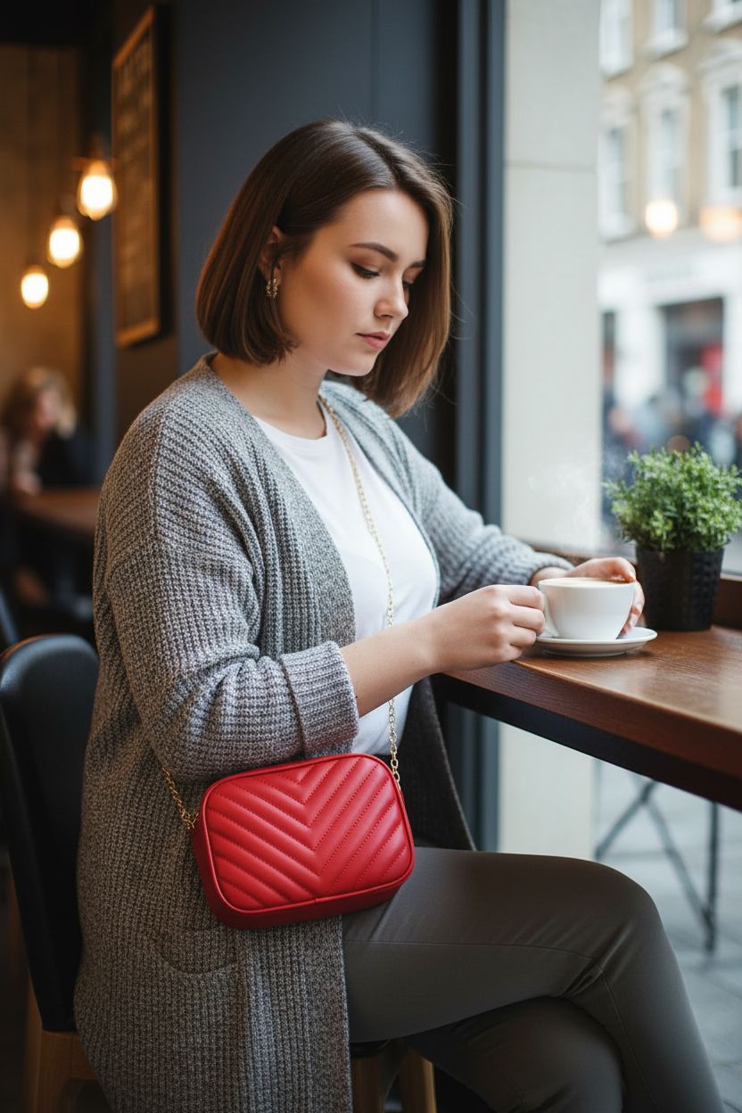 Cozy café setting featuring a red crossbody purse by Generic, highlighting its quilted design.