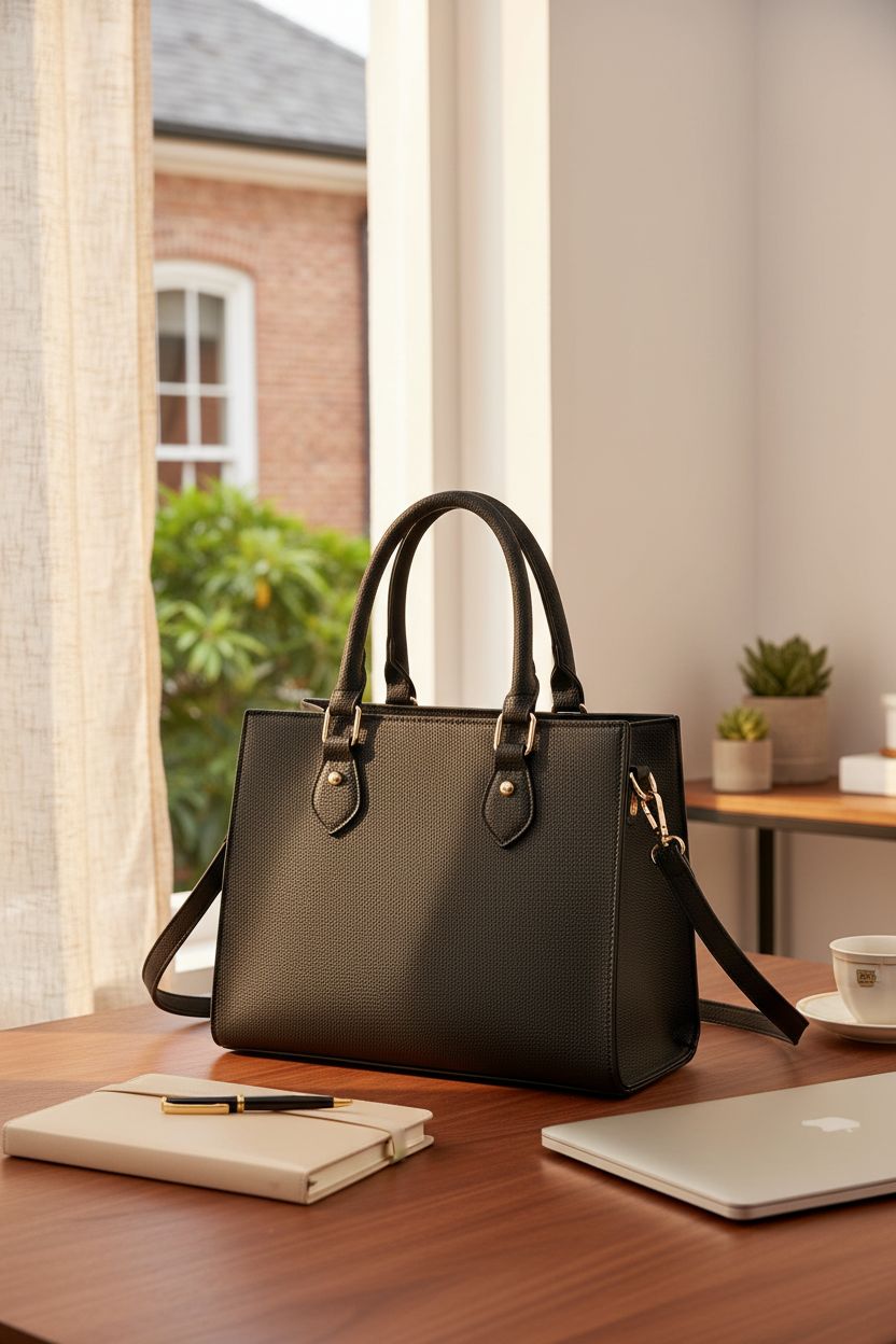 CHICAROUSAL black satchel purse on a warm desk with laptop and planner