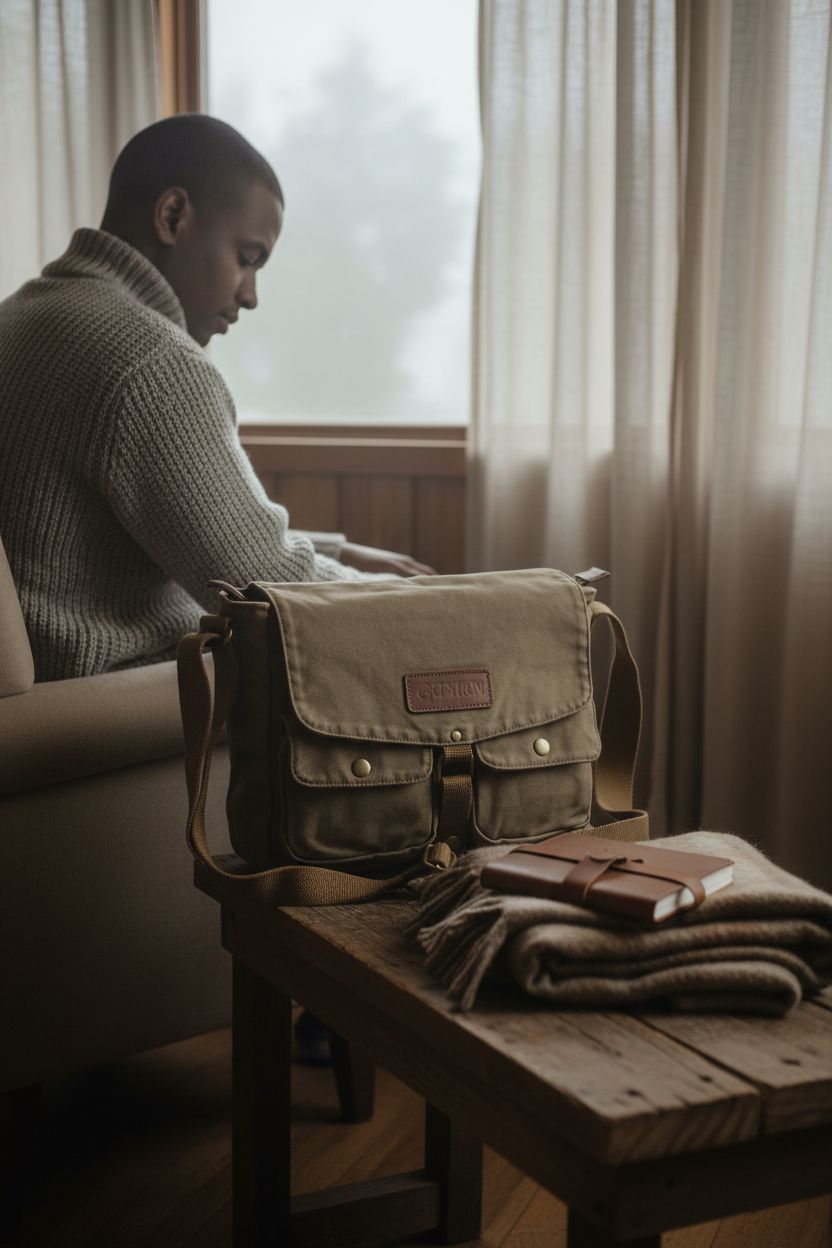 GOOTIUM Canvas Satchel in field tan resting on a reclaimed wood bench in a cozy reading nook.