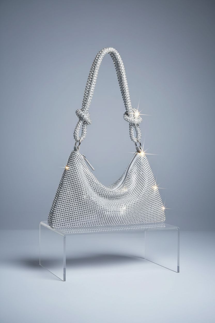 YUWITA silver rhinestone purse displayed elegantly on a clear acrylic riser.